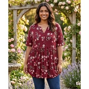 SHIJIALI Top Women's 3XL Red Floral Henley V-Neck Tunic Lagenlook Pleated NWT